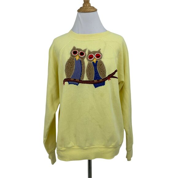 Vintage Owl Chenille Sweater Size L Yellow Long Sleeve Fleece Pullover 80s *READ - Picture 1 of 11